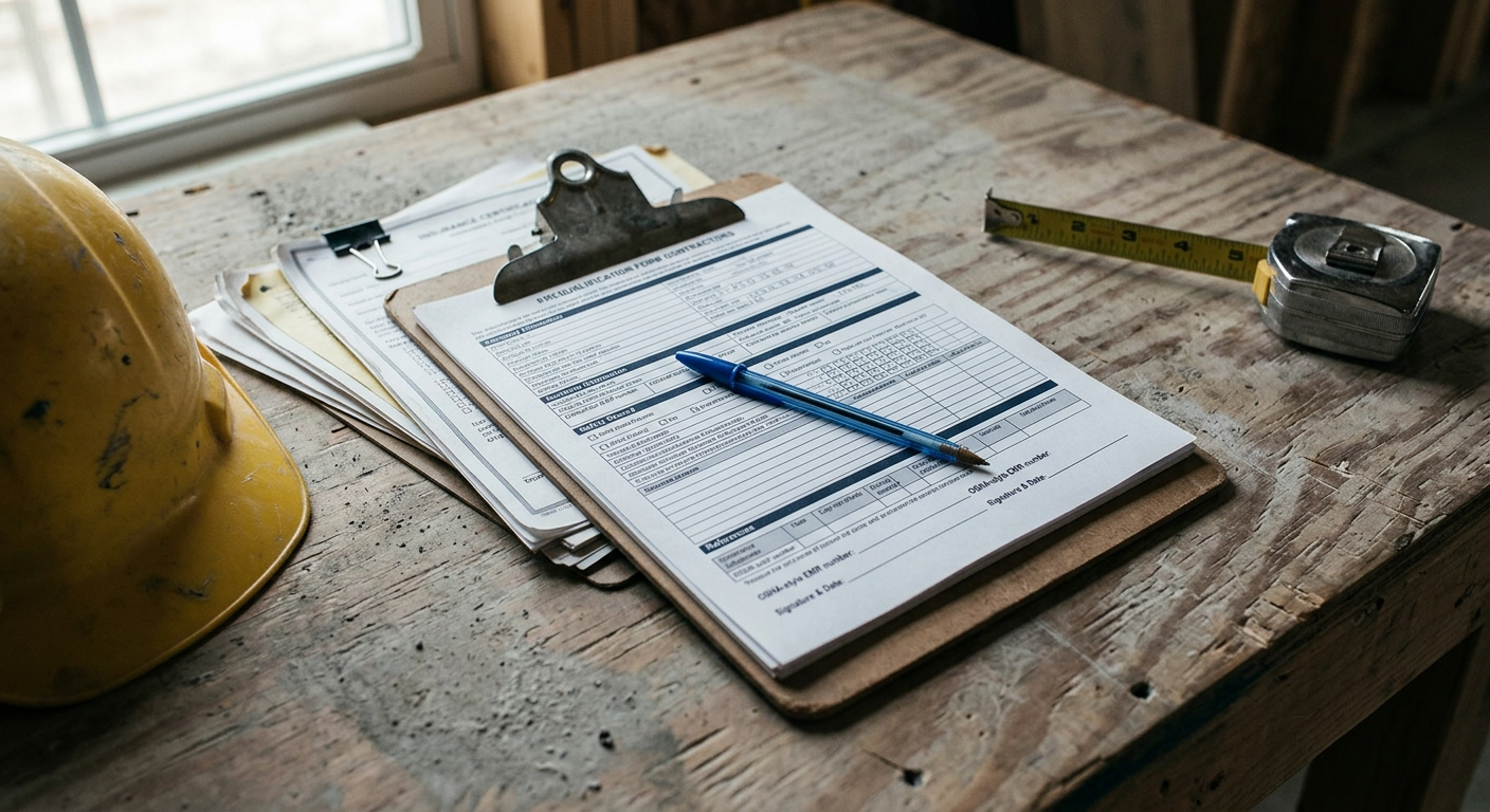 A subcontractor's prequalification packet on a clipboard, with a pen resting on the top page, photographed on a jobsite table